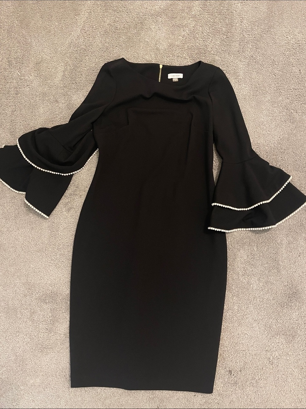 Calvin Klein Black Bell-Sleeve Sheath Dress with Pearl Trim